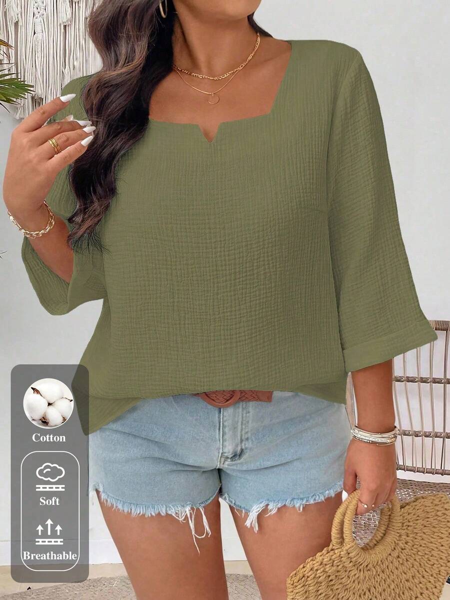 EMERY ROSE Plus Size Casual Solid Color Textured Shirt - Green - View 1