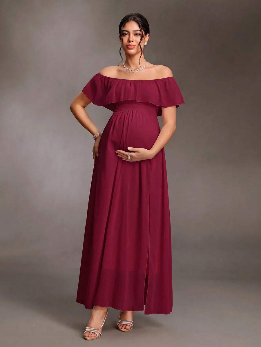 Cheriluna Maternity Elegant Off-Shoulder Ruffle Sleeve Side Slit A-Line Chiffon Maternity Dress - Burgundy - View 1
