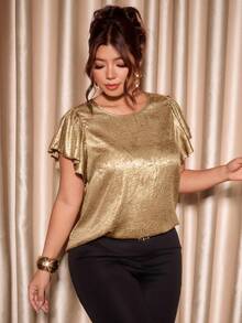 Cravure Plus Size Women's Elegant Ruffle Short Sleeve Gold Bronze Metallic Texture Blouse, Commute & Vacation Shirt - Gold - View 7