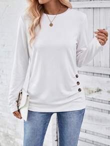 EMERY ROSE Camiseta de manga larga de unicolor versátil y casual para mujer - Blanco - Ver 1