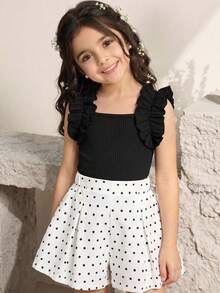 Conjunto de ropa infantil de dos piezas con estilo dulce y juguetón, top de camiseta sin mangas con chaleco plisado de punto con rayas, combinado con pantalones cortos de cintura elástica rosa, con exquisitas flores blancas tridimensionales posicionadas, lindo y a la moda, adecuado para la vida diaria en verano - Blanco y Negro - Ver 6