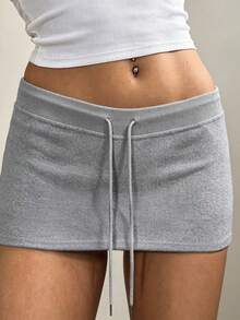 Avenya Low Waist Brushed Knit Ribbed Tie Mini Skirt Gym Light Grey Autumn Y2k Casual 2000s Fall/Winter Lounge - Grey - View 2