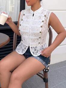 SHEIN EZwear 大尺碼女款蕾絲休閒百搭日常穿著襯衫 - 白色 - 查看 7
