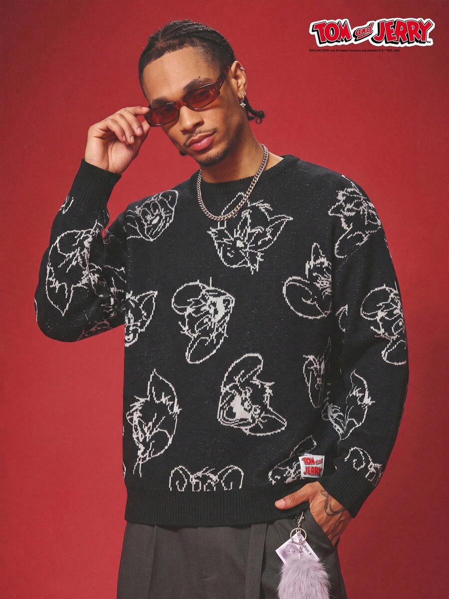 TOM & JERRY X SHEIN Manfinity Hypemode 男士時尚卡通提花拼接長袖圓領針織衫哥德風 - 黑色 - 查看 1