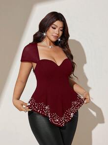 Viva Relle Sexy Slim Fit Square Neck Knit Top With Mesh Patchwork Design, Plus Size Short Sleeve T-Shirt - Burgundy - View 4