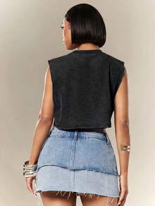 Denimoi Rhinestone Cross Charms Cropped Low Armhole Tank Top, Fashionable, Crop Top - Black - View 3
