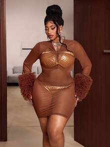 Maweii Plus Size Brown Mesh Criss-Cross Hollow Out Bodycon Bodycon Women's Dress Fall - Brown - View 5