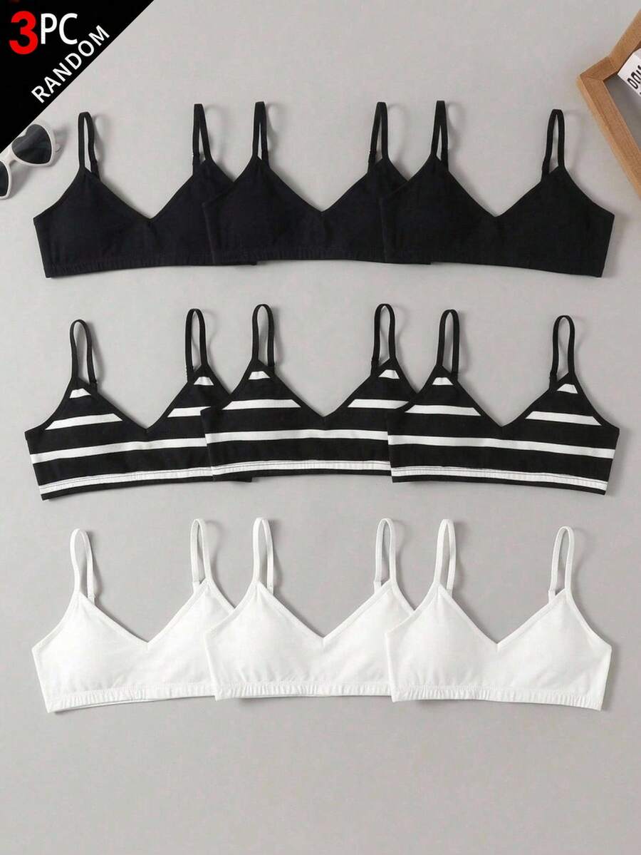SHEIN Tween女孩兒童極簡舒適純色V領加墊背心內衣套裝 3件組,四季適用 - 彩色 - 查看 1