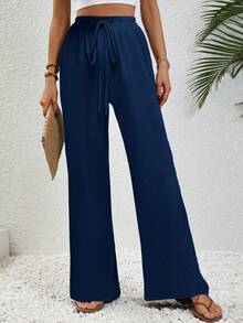 Aalyst Women's Solid Color Drawstring Waist Pocket Casual Daily Long Pants - Blue - View 4