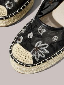 Styleloop 春夏黑色網布刺繡花卉女款平底瑪麗珍鞋，適合戶外度假旅行海灘，透氣 - 黑色 - 查看 5