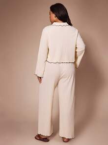 Lazeform Casual Colorblock Scalloped Lapel Button-Front Flared Long Sleeve Pants Plus Size Set - Apricot - View 2
