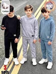 SHEIN 6件組買3送3兒童青少年男孩休閒運動連帽衫與運動長褲套裝，黑色連帽套裝、灰色連帽套裝、藍色連帽套裝，適合秋冬、學校、返校、運動、秋季穿搭、冬季穿搭、生日派對 - 彩色 - 查看 3