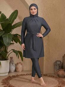 SHEIN Swim 3 قطع مجموعة ملابس سباحة للنساء مقاس كبير: ملابس علوية بأكمام طويلة، بنطال طويل، قبعة سباحة - الأسود - مشاهدة 1