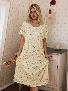 CottageSlumber Jacquard Knit Ditsy Floral Plus Size Short Sleeve Nightgown - Yellow - View 4