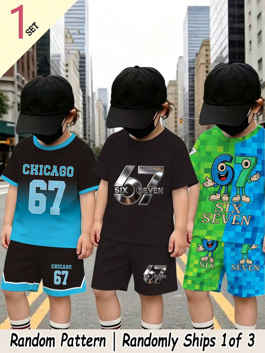 (Random 3 Sets, Send 1 Set) Summer Baby Boy Creative Fresh Gradient Colorful 67 Number Letter Graphic Print Casual Basic Short Sleeve T-Shirt & Shorts Set Back To School - Multicolor - View 1