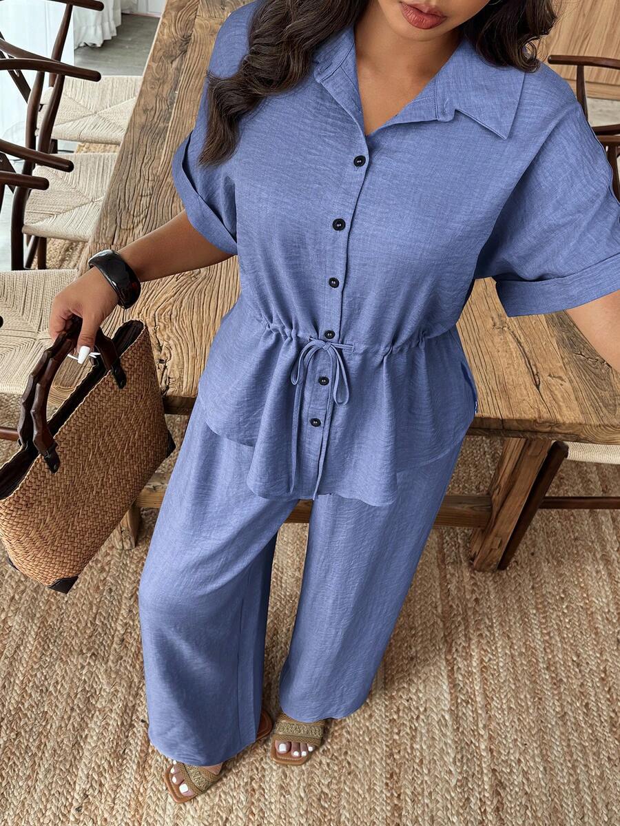 Weeklong Plus Size Solid Color Rolled Hem Summer Drawstring Waist Casual Shirt And Pants 2 Pieces Set - Blue - View 1