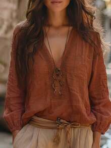 EMERY ROSE Women's Woven Casual V-Neck Fall Blouse - Orange - View 2