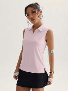 CourtClass CourtClass Polo deportivo de yoga para mujer, para exterior y gimnasio, con media cremallera, cuello y bajo con abertura - Rosa - Ver 3