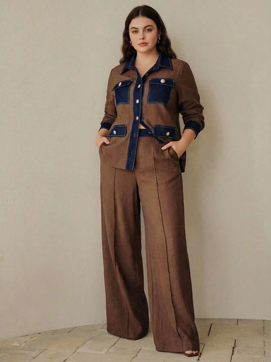 Anewsta 春夏现代高腰复古撞色纹理面料大码女式直筒裤 - 棕色 - 查看 1