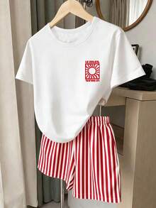 Tween Girl Fashion Creative Retro Letter & Sun Print Short Sleeve T-Shirt + Vertical Striped Shorts Set - Multicolor - View 2
