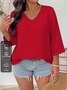 SHEIN LUNE CURVE Plus Size Casual Linen Texture V-Neck Floral Print Shirt Fall - Red - View 1