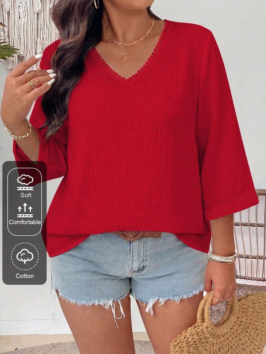 SHEIN LUNE CURVE Plus Size Casual Linen Texture V-Neck Floral Print Shirt Fall - Red - View 1