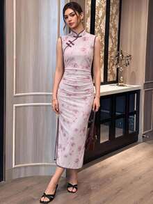 EastFlair Women's Elegant Frog Button Floral Print Pleated Slit Dress - Pink - View 3