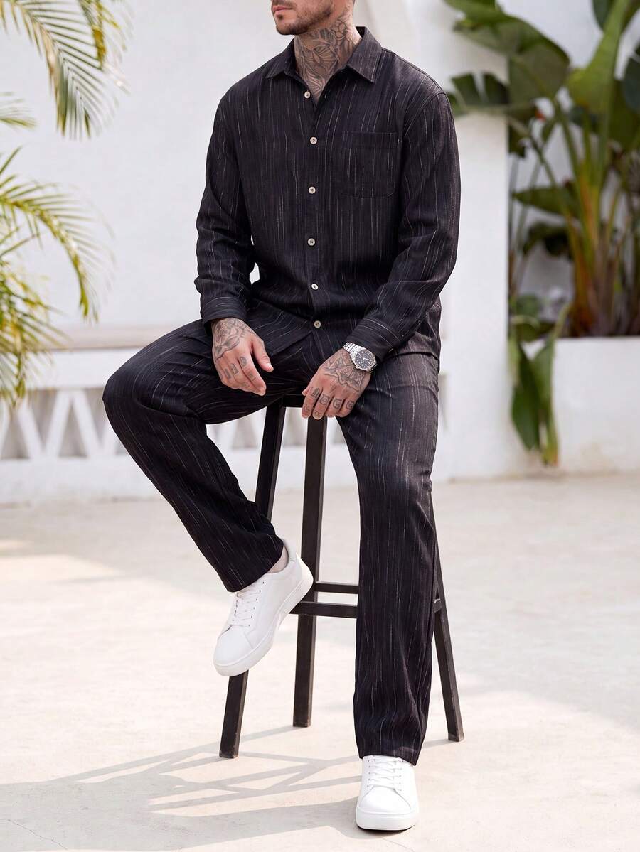 VENTUSAIL 2026 Spring Summer Men Textured Stripe Linen Matching Set, Black Long Sleeve Pocket Shirt & Elastic - Black - View 1