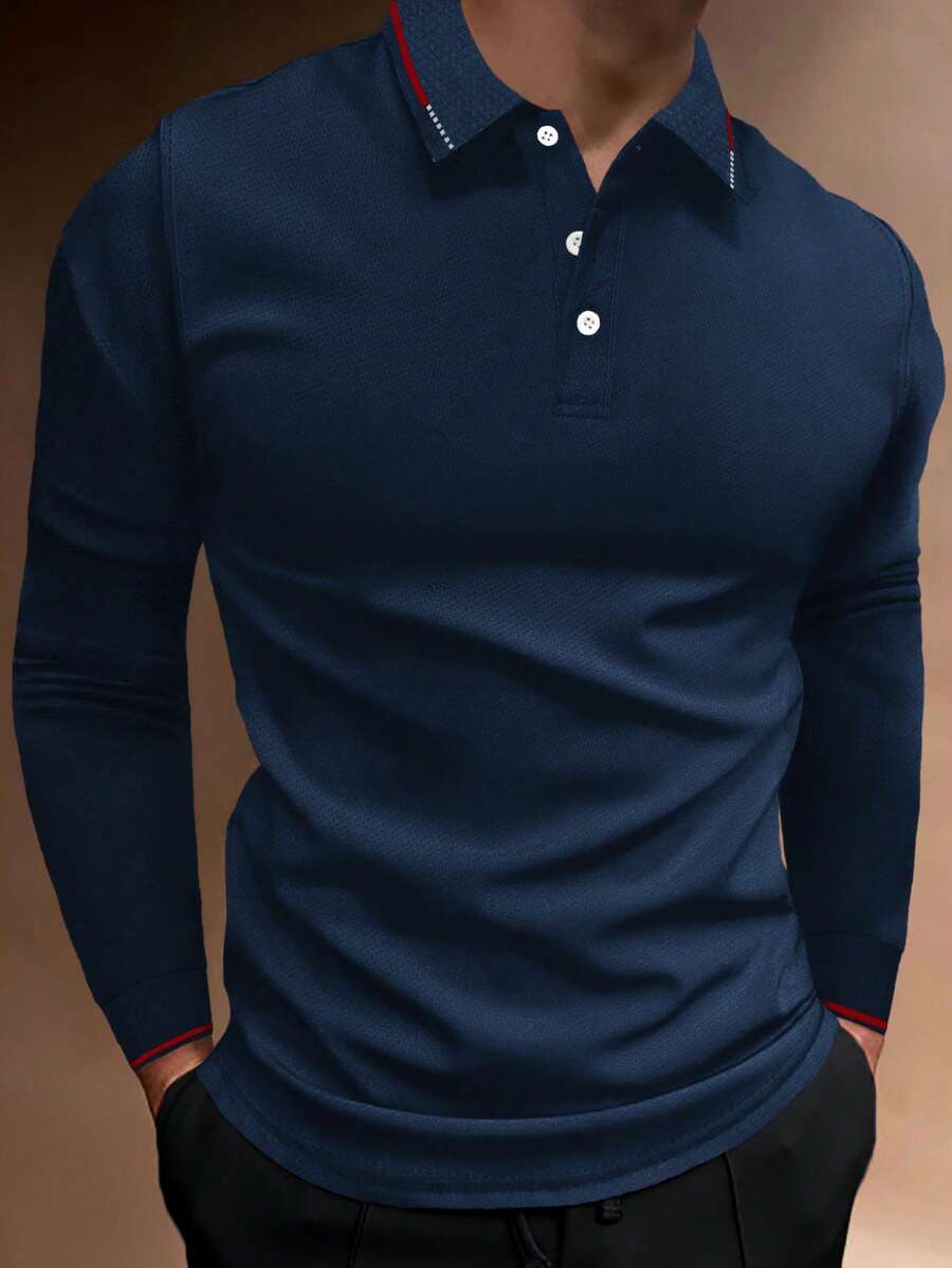 Manfinity Homme 男士對比飾邊 Polo 衫,男士長袖 Polo 衫,男士高爾夫球衫,男士藍色上衣,秋季,正式 - 藏蓝色 - 查看 1