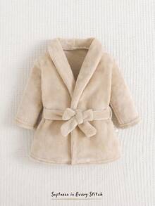 Cozy Pixies 新生兒男嬰女嬰純色抓絨內裡長袖前綁帶睡袍，舒適居家服，秋冬款 - 杏色 - 查看 1