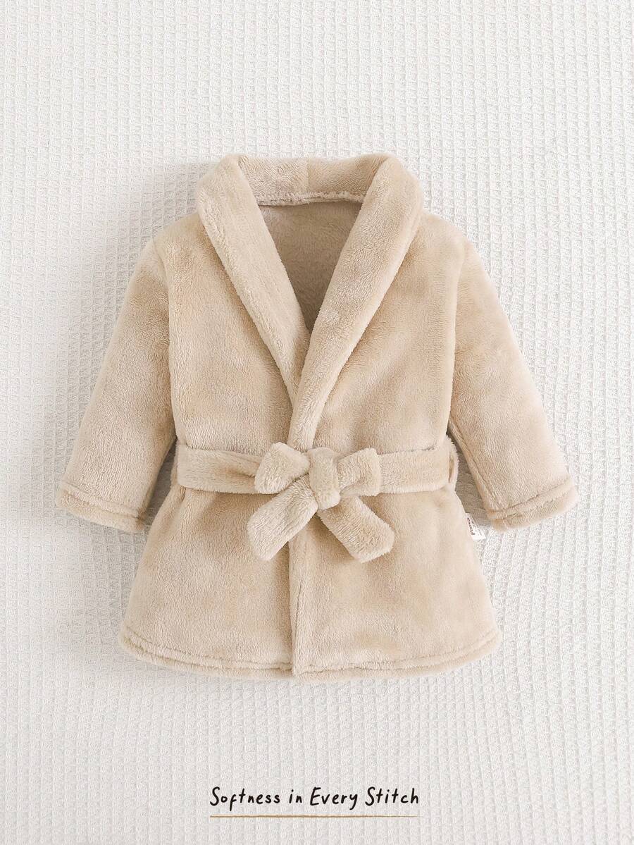 Cozy Pixies 新生兒男嬰女嬰純色抓絨內裡長袖前綁帶睡袍,舒適居家服,秋冬款 - 杏色 - 查看 1