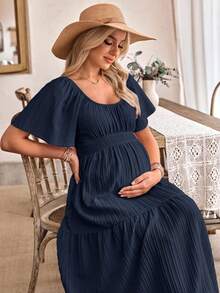 SHEIN Women's Casual Ruffle Sleeve Bow Back Design Maternity A-Line Dress - Navy Blue - View 6