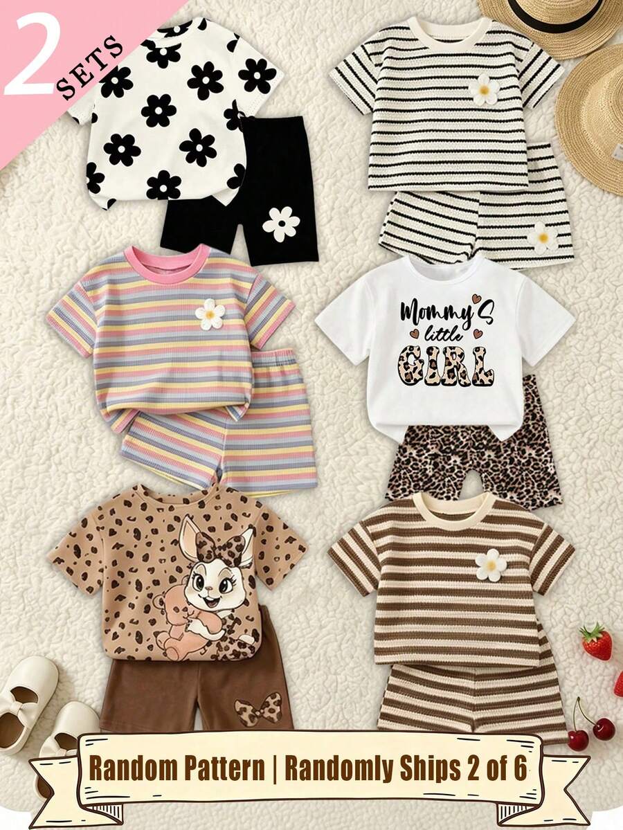 (Patrón Aleatorio, 1 Set Aleatorio) Conjunto de Camiseta Corta Básica & Pantalones de Ciclismo con Estampado de Rayas Coloridas, Flores, Leopardo, Conejo de Dibujos Animados y Letras para Niñas Jóvenes de Verano - Multicolor - Ver 1