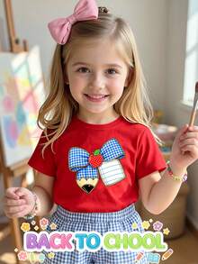 Elladie kids 返校季女童幼兒可愛卡通格紋蝴蝶結鉛筆蘋果字母紙張圖案印花休閒基礎短袖T恤 - 紅色 - 查看 1