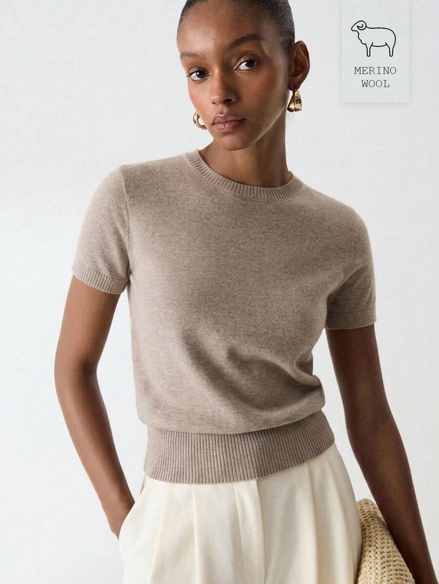 ATUI Studio Women's Casual Versatile Solid Color Short Sleeve Sweater - Khaki - View 1