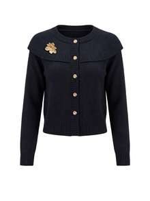 GlowEve Cardigan Wanita Model Baru Musim Gugur/Dingin, Kerah Syal Berkerut, Dekorasi Bunga Emas 3D, Kancing, Kancing Logam Pendek, Lengan Raglan, Lengan Panjang, Pinggang Bergaris, Cardigan Rajut Model Single-Breasted - Navy Blue - View 3