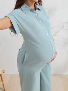 GentleRue Maternity 孕婦純色短袖前開扣休閒哺乳連身褲 - 藍色 - 查看 4