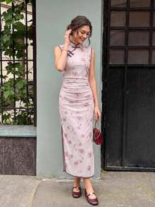 EastFlair Women's Elegant Frog Button Floral Print Pleated Slit Dress - Pink - View 1