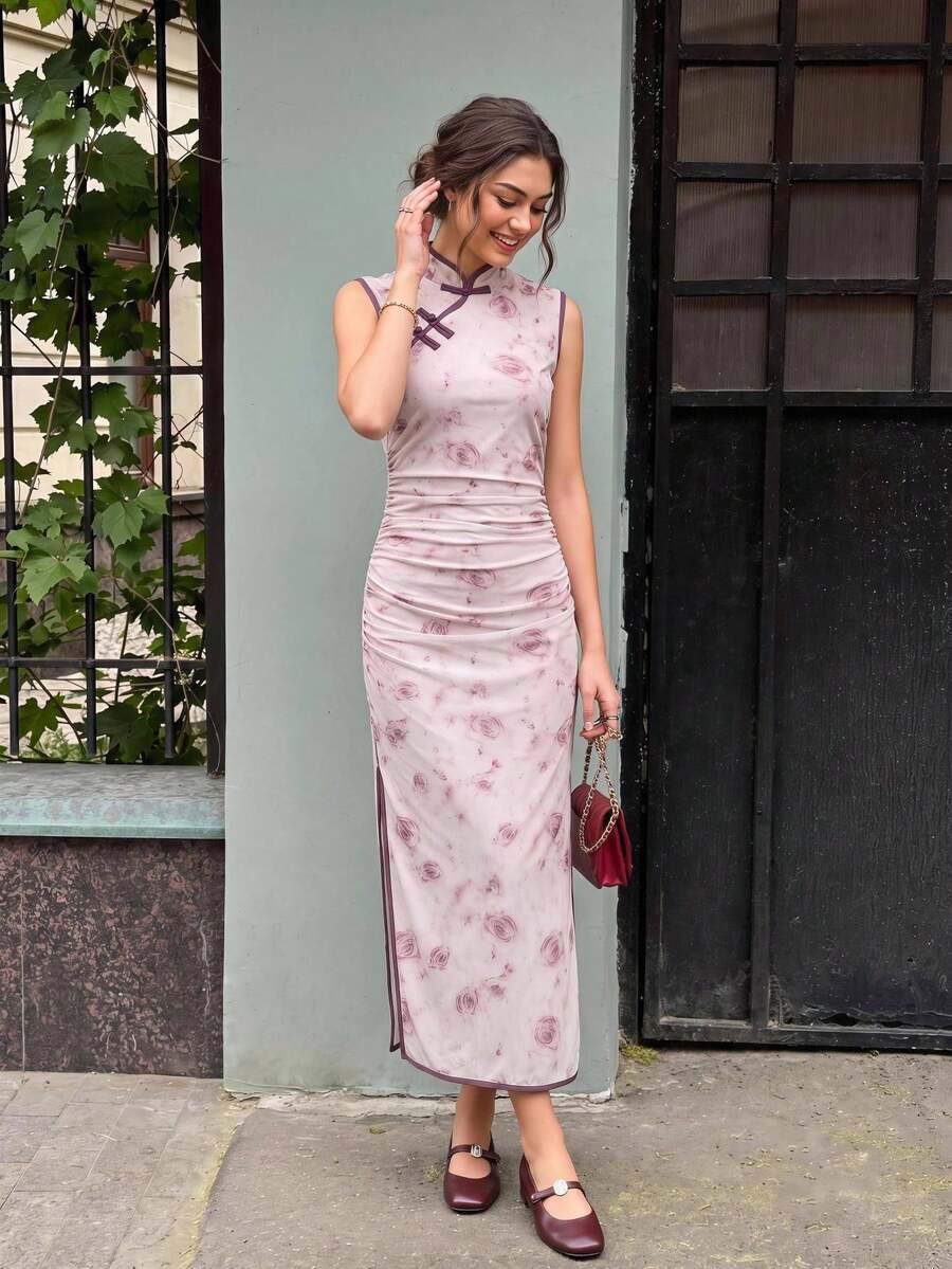 EastFlair Women's Elegant Frog Button Floral Print Pleated Slit Dress - Pink - View 1