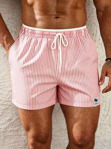 Palasendo Pantalones cortos de playa con cordón en la cintura a rayas para vacaciones de hombre, vacaciones - Rosa - Ver 1