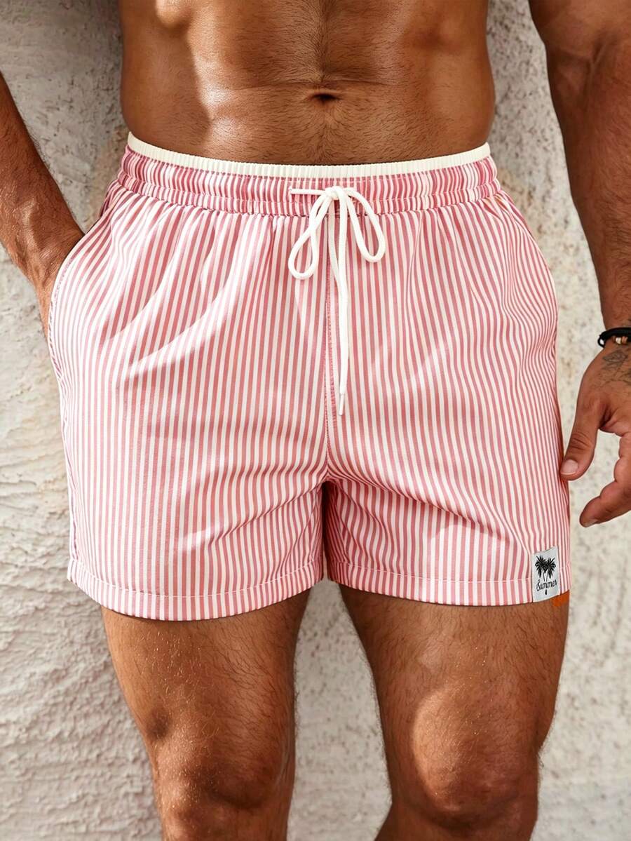 Palasendo Pantalones cortos de playa con cordón en la cintura a rayas para vacaciones de hombre, vacaciones - Rosa - Ver 1