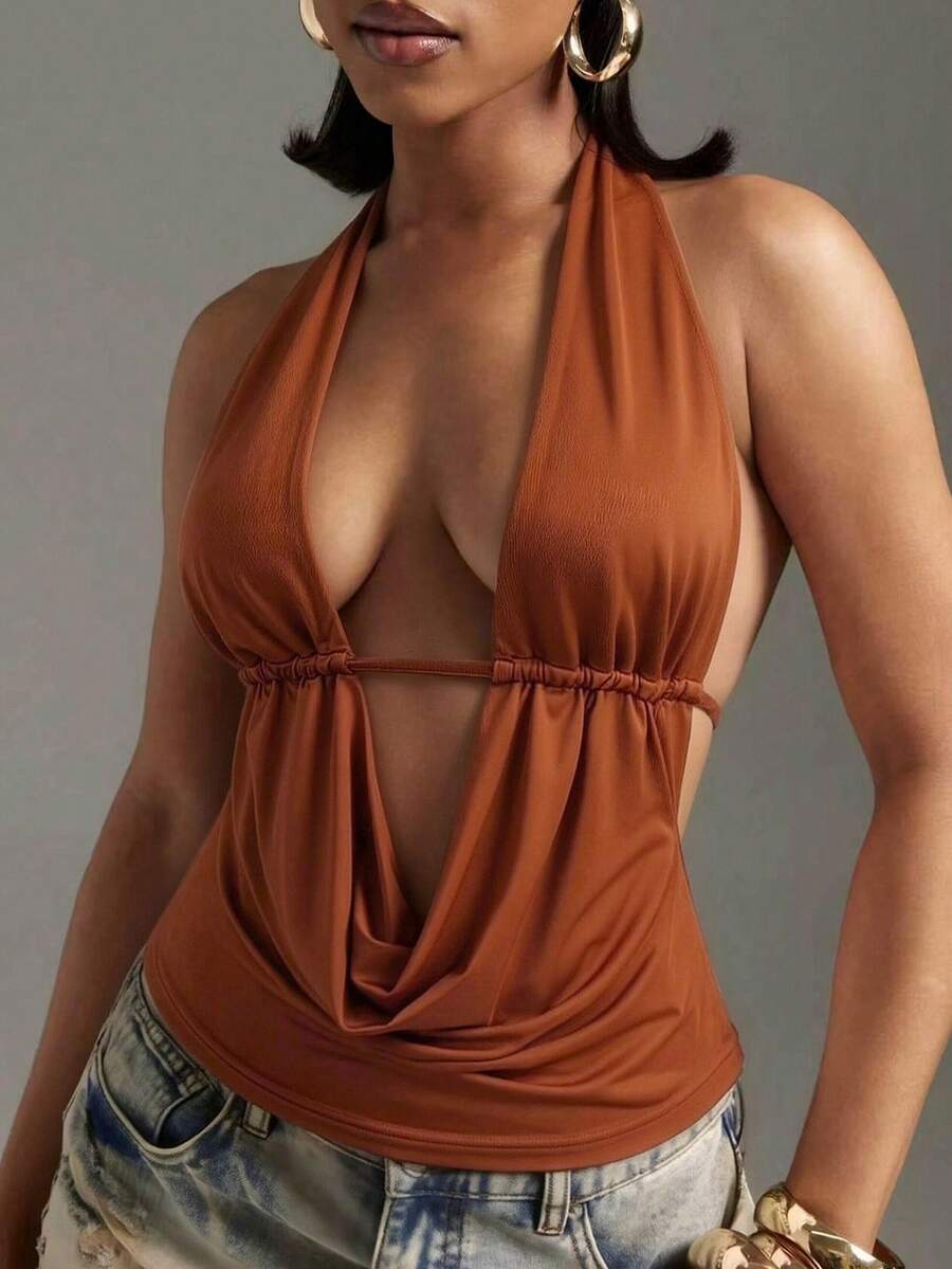 Denimoi Women's Solid Color Pleated Sexy Versatile Halter Top For Dating And Outings - Orange - View 1