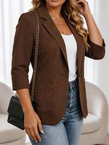 EMERY ROSE Blazer lengan 3/4 ukuran besar, warna cokelat karamel vintage, kerah berlekuk dengan satu kancing, saku samping praktis. Potongan yang menonjolkan pinggang, cocok untuk bentuk tubuh berisi, lengan 3/4 yang segar dan nyaman, cocok untuk kantor dan pakaian kasual. - Coklat - View 4