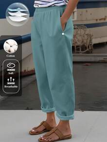 SHEIN PETITE 大码女式法式优雅宽松编织常规版型白色裤子，带口袋，新款夏季休闲松紧腰褶皱长裤 - 藍色 - 查看 1