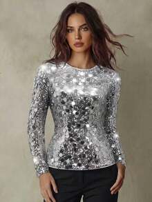 Franclia Women's Sexy Solid Color Sequin T-Shirt, Slim Fit For Dates, Gatherings, Parties - Silver - View 1