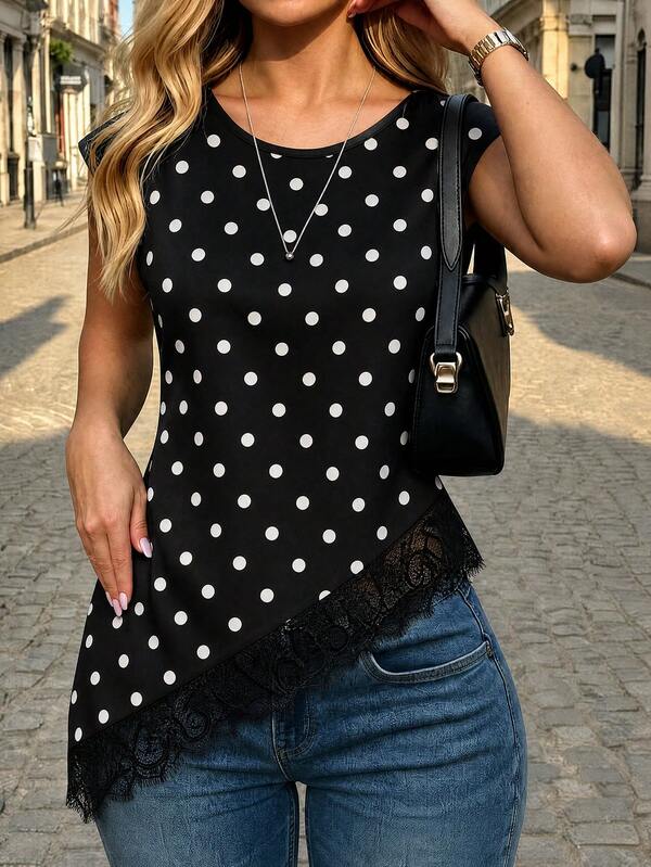 SHEIN PariChic Summer Lace Trim Asymmetric Hem Elegant Casual Commute Polka Dot Black & White Round Neck T-Shirt