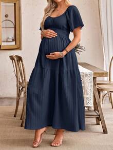 SHEIN Women's Casual Ruffle Sleeve Bow Back Design Maternity A-Line Dress - Navy Blue - View 5
