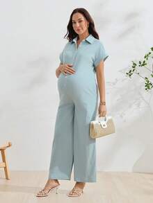 GentleRue Maternity 孕婦純色短袖前開扣休閒哺乳連身褲 - 藍色 - 查看 5