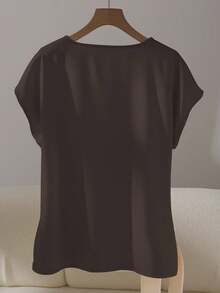 Franclia Elegant Short Sleeve Round Neck Ruffle Tie Bow Combination Khaki Women Blouse, Spring/Summer - Coffee Brown - View 2