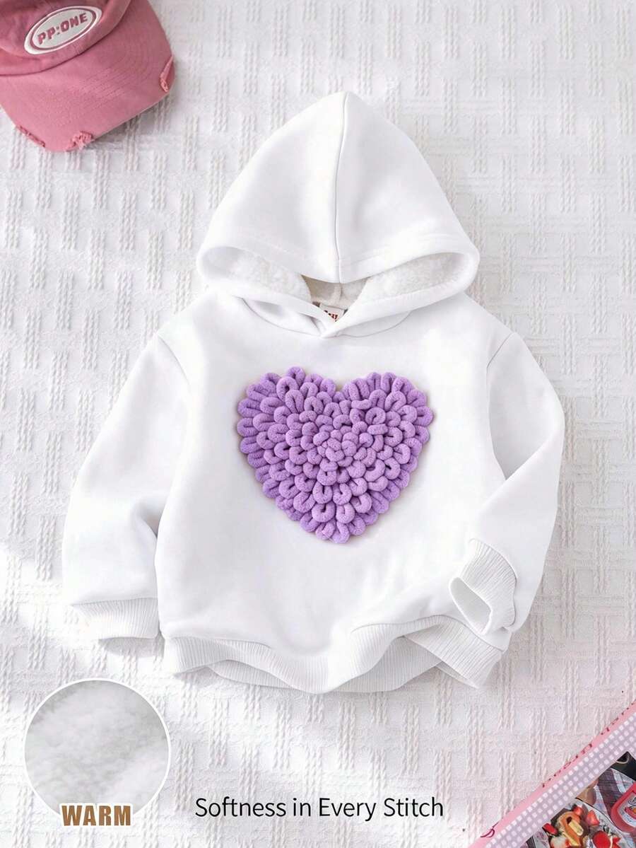 Cozy Pixies 女嬰 3D 愛心連帽長袖套頭衛衣,秋冬休閒百搭柔軟針織衫 - 白色 - 查看 1